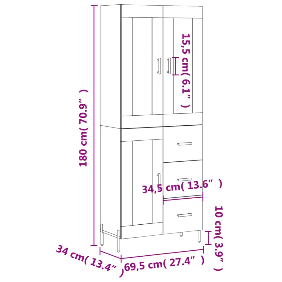 Buffet haut Gris béton 69,5x34x180 cm Bois d'ingénierie - 14