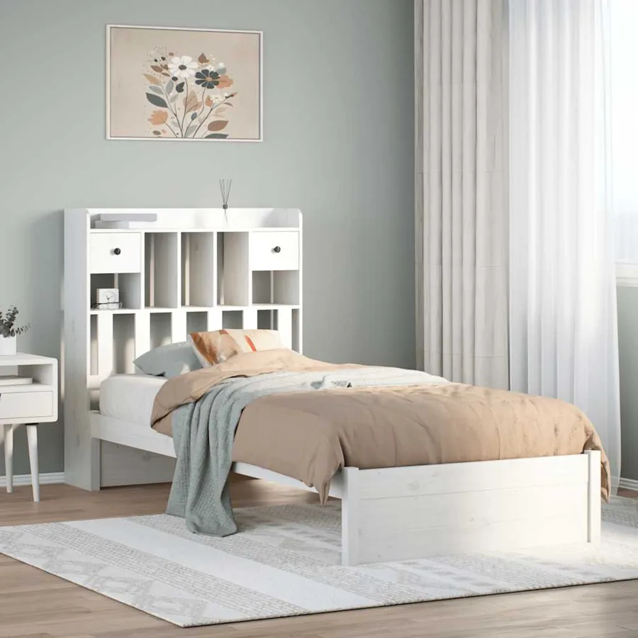 Lit bibliothèque sans matelas blanc 75x190cm bois de pin massif