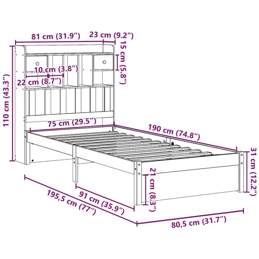 Lit bibliothèque sans matelas blanc 75x190cm bois de pin massif - 11
