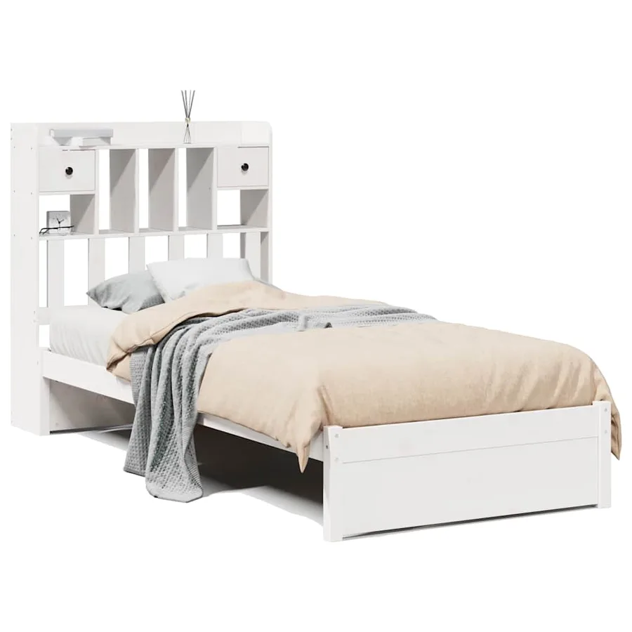 Lit bibliothèque sans matelas blanc 75x190cm bois de pin massif - 2