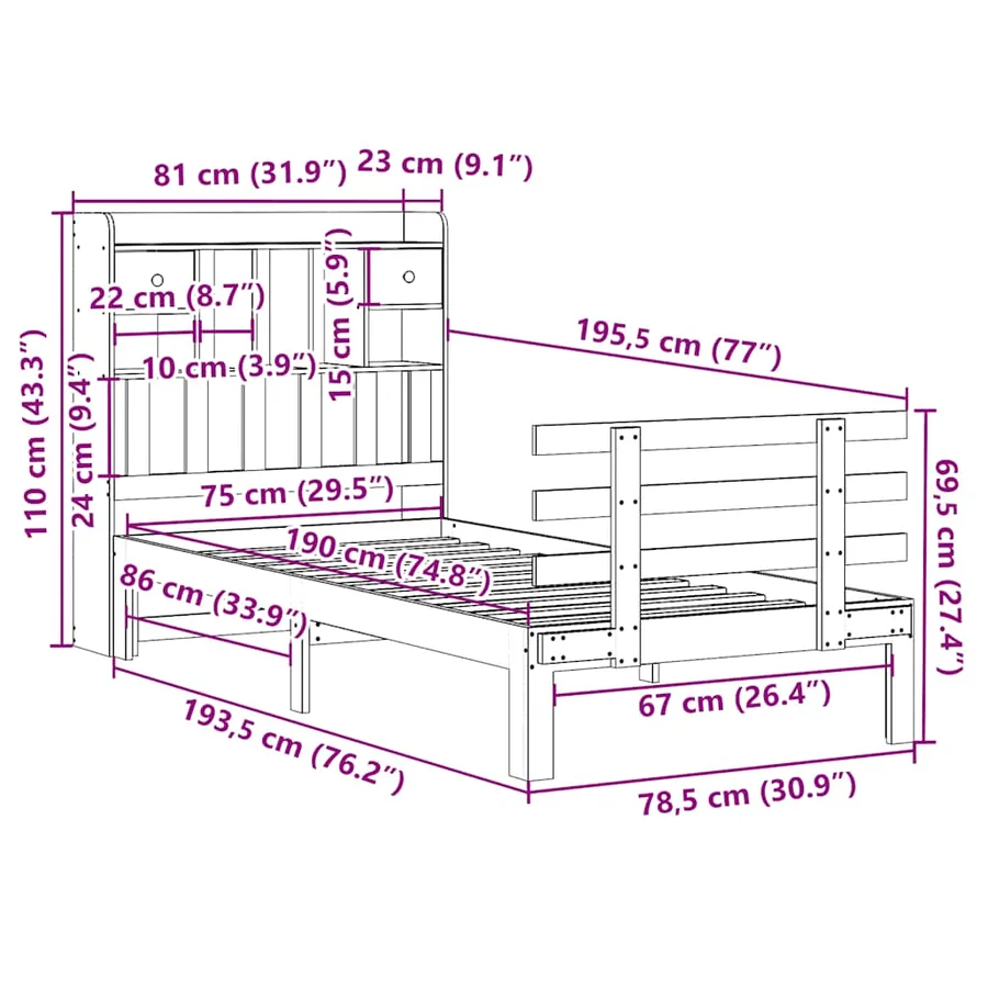 Lit bibliothèque sans matelas cire marron 75x190 cm pin massif - 11