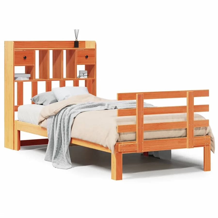 Lit bibliothèque sans matelas cire marron 75x190 cm pin massif - 2