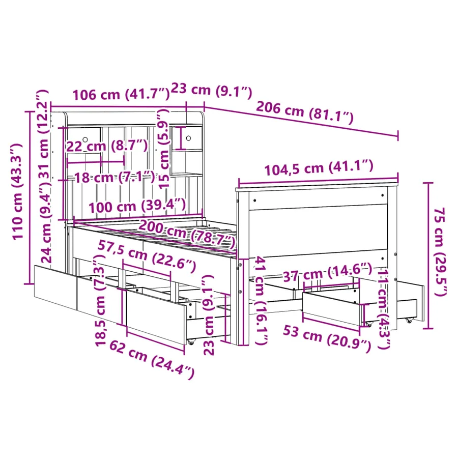 Lit bibliothèque sans matelas cire marron 100x200 cm pin massif - 15