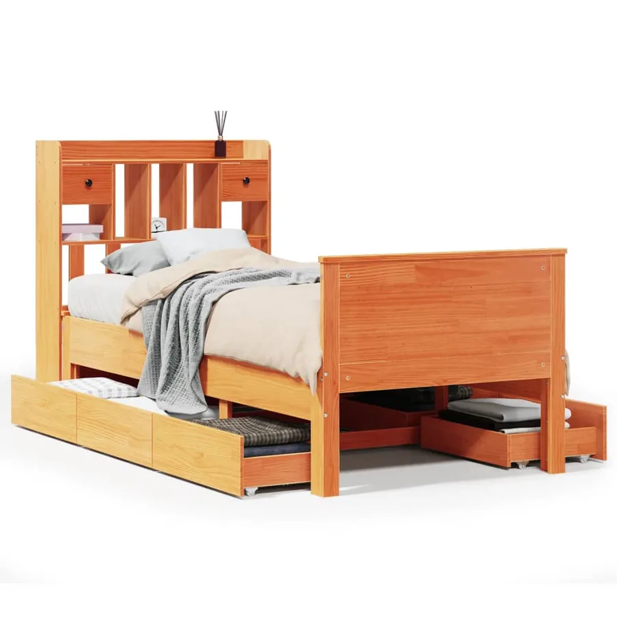 Lit bibliothèque sans matelas cire marron 100x200 cm pin massif - 2
