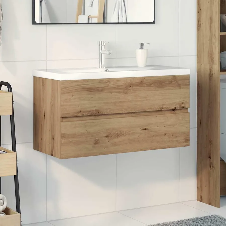 Meuble lavabo avec bassin et robinet intégrés chêne artisanal - 3