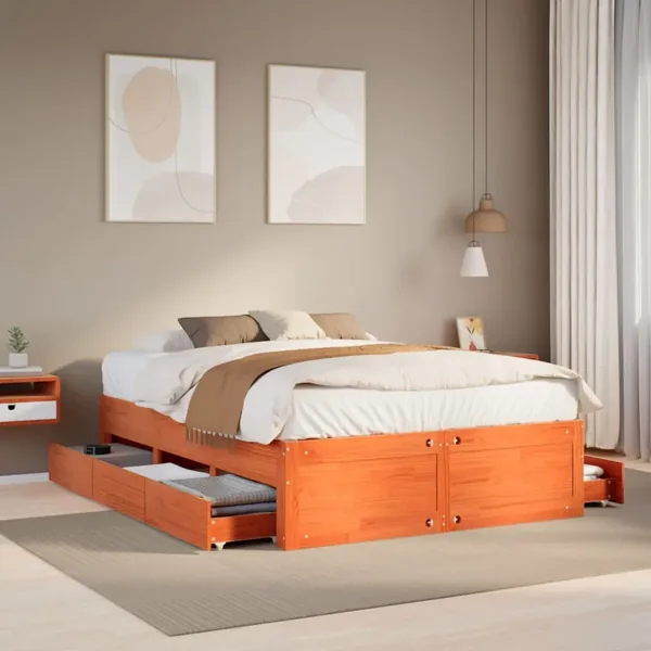 Cadre de lit sans matelas avec tiroirs brun cire 140x200 cm pin
