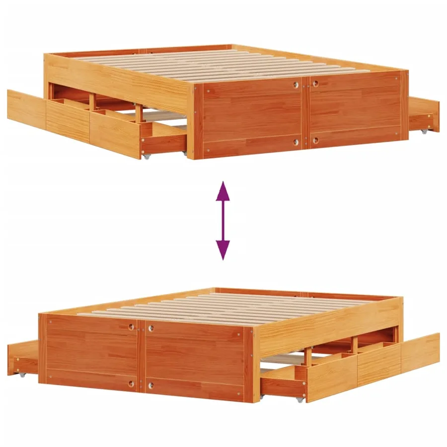Cadre de lit sans matelas avec tiroirs brun cire 140x200 cm pin - 10