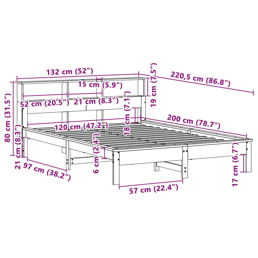 Lit bibliothèque sans matelas 120x200 cm bois de pin massif - 9
