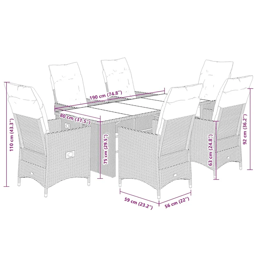Ensemble à manger de jardin et coussins 7 pcs marron rotin - 7