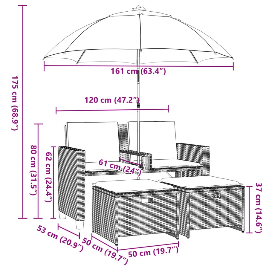 Canapé de jardin 2 places avec parasol et tabourets noir rotin - 12