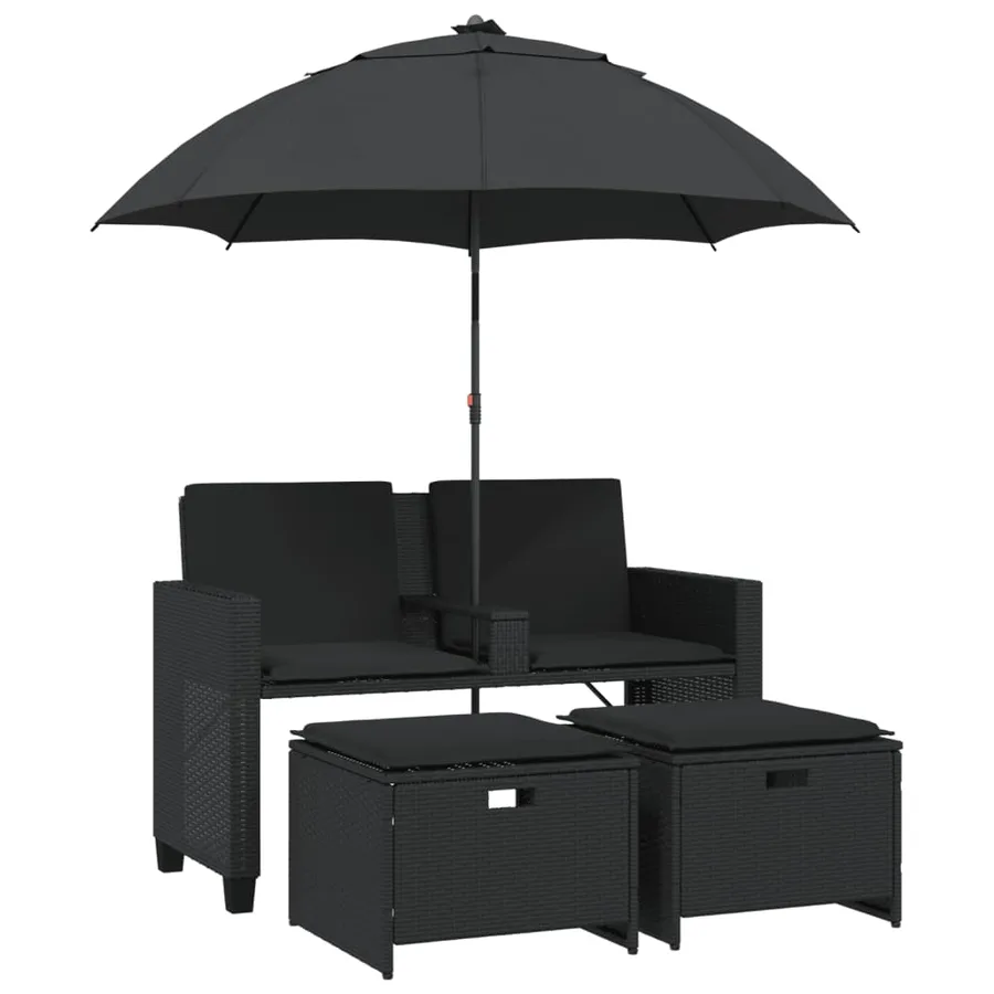 Canapé de jardin 2 places avec parasol et tabourets noir rotin - 2