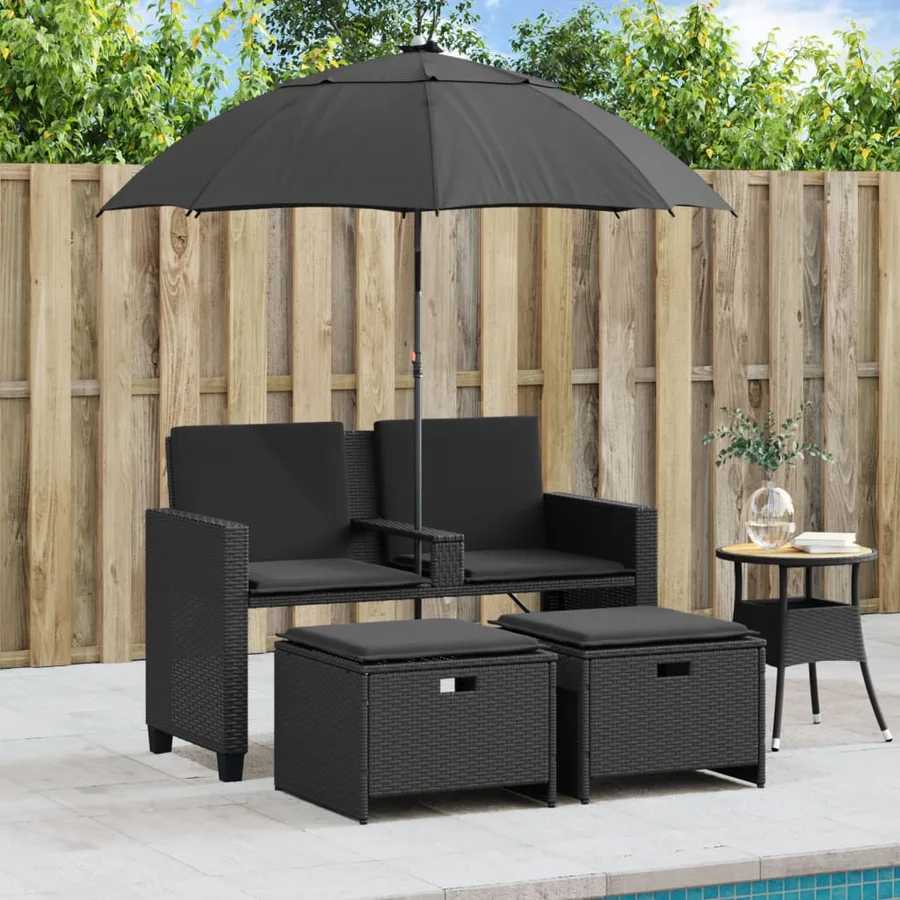 Canapé de jardin 2 places avec parasol et tabourets noir rotin - 3