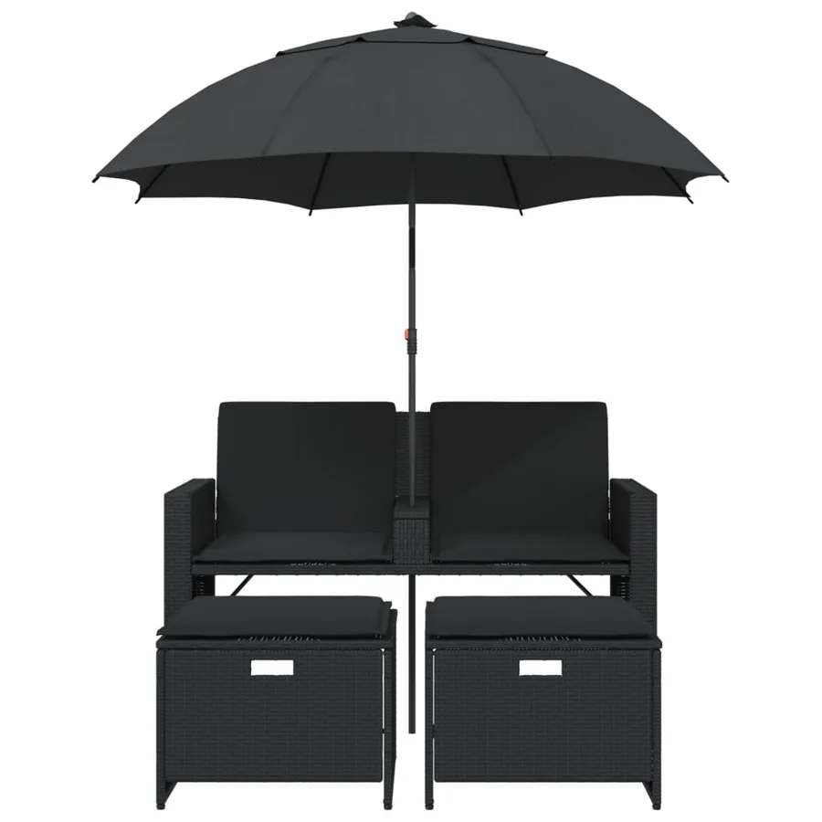Canapé de jardin 2 places avec parasol et tabourets noir rotin - 4