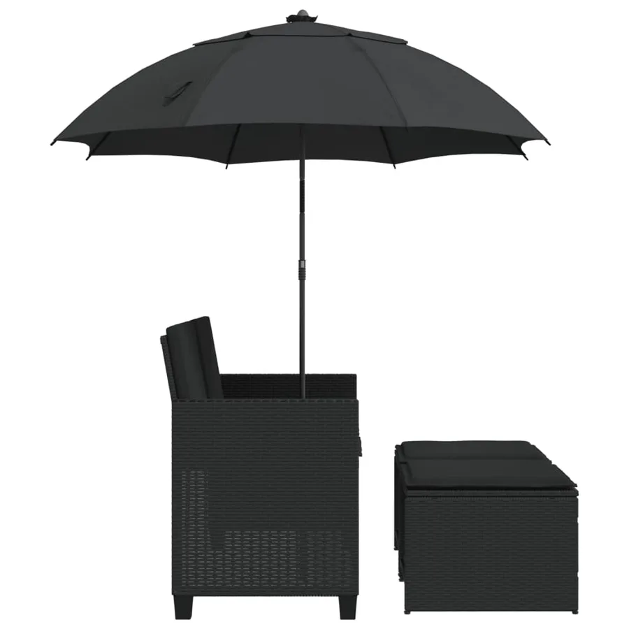 Canapé de jardin 2 places avec parasol et tabourets noir rotin - 5