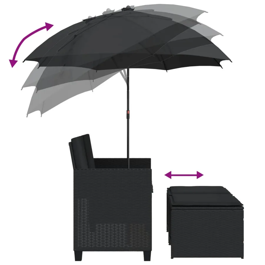 Canapé de jardin 2 places avec parasol et tabourets noir rotin - 8