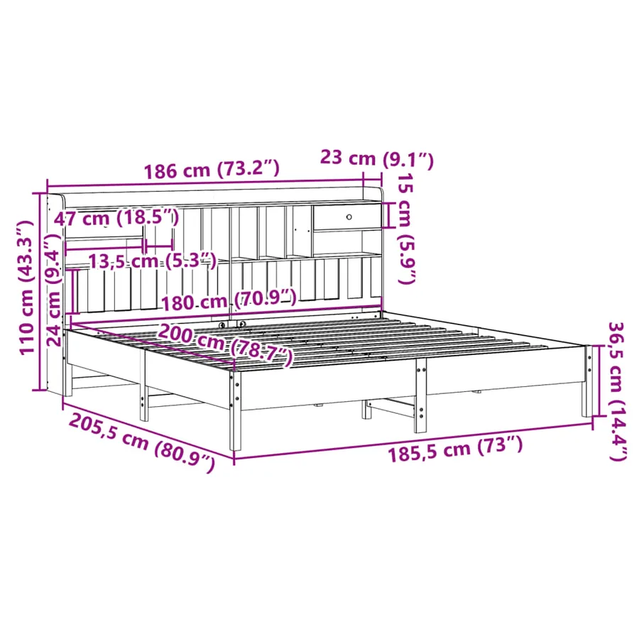 Lit bibliothèque sans matelas blanc 180x200 cm bois pin massif - 11