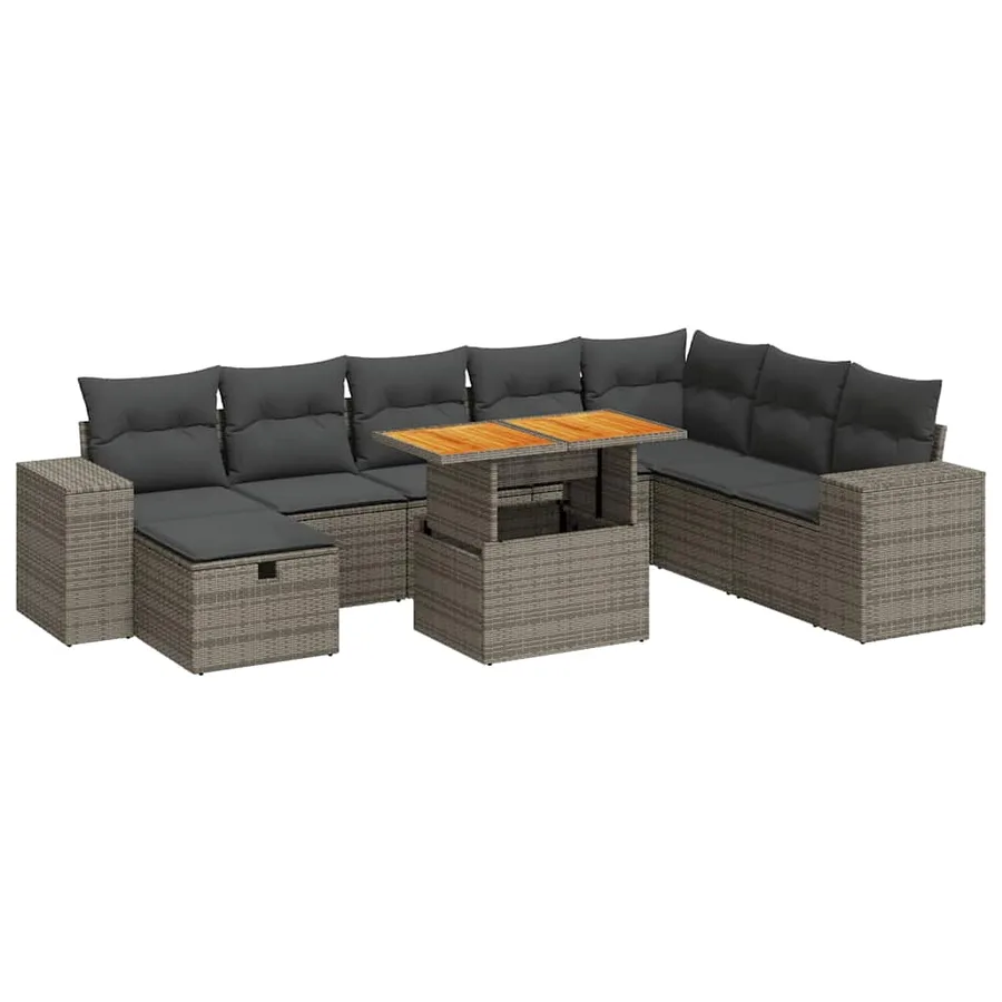 Salon de jardin avec coussins 9 pcs gris résine tressée acacia - 2
