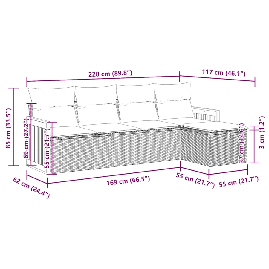 Salon de jardin 5 pcs avec coussins gris résine tressée - 12