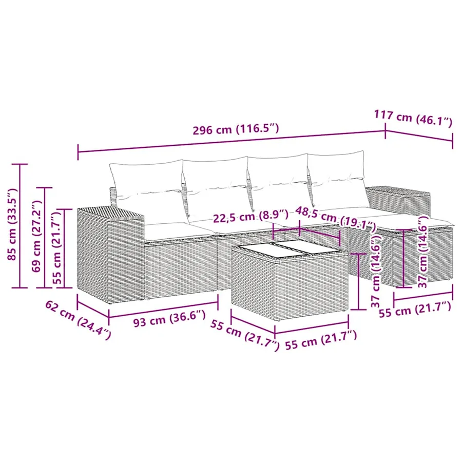 Salon de jardin 6 pcs avec coussins gris résine tressée - 13
