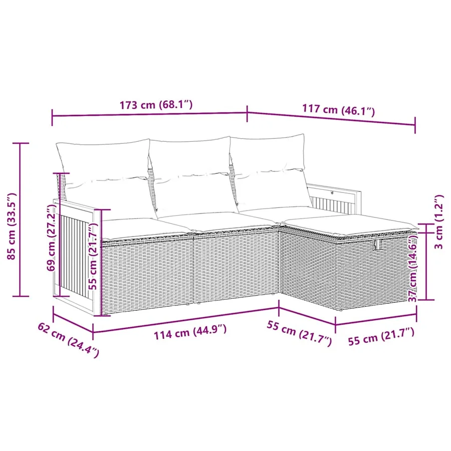 Salon de jardin 4 pcs avec coussins gris résine tressée - 12