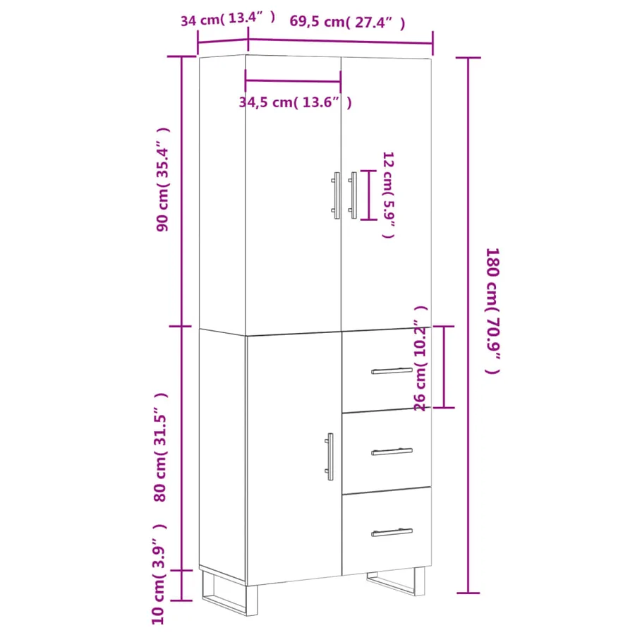 Buffet haut Blanc 69,5x34x180 cm Bois d'ingénierie - 14