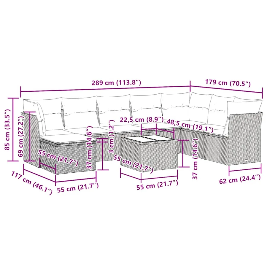 Salon de jardin 9 pcs avec coussins gris résine tressée - 12