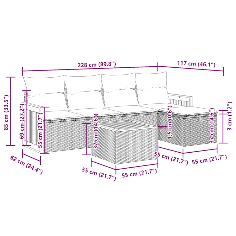 Salon de jardin 6 pcs avec coussins gris résine tressée - 13