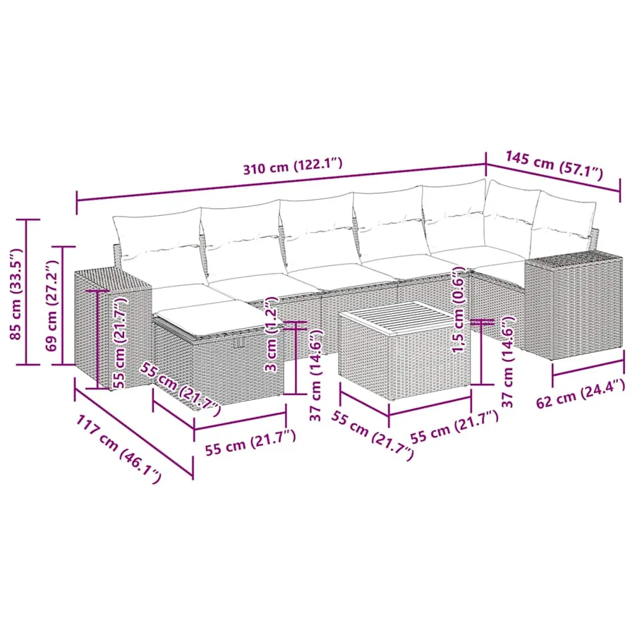 Salon de jardin 8 pcs avec coussins gris résine tressée - 14