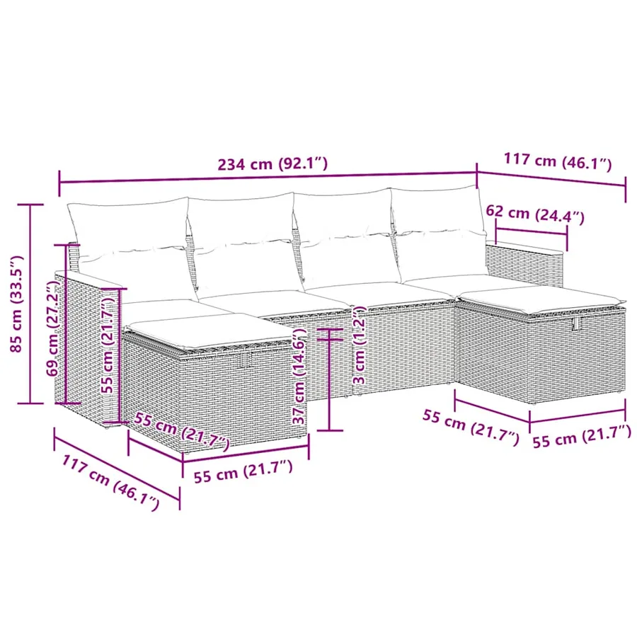 Salon de jardin 6 pcs avec coussins gris résine tressée - 12
