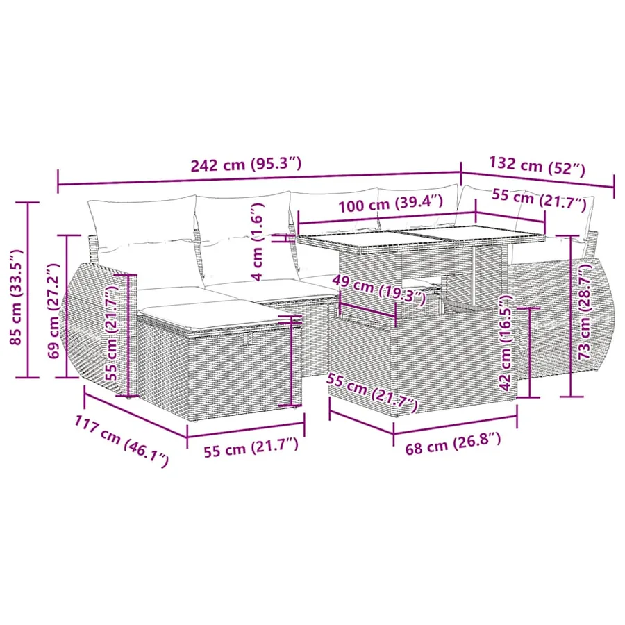 Salon de jardin avec coussins 7 pcs gris résine tressée - 17