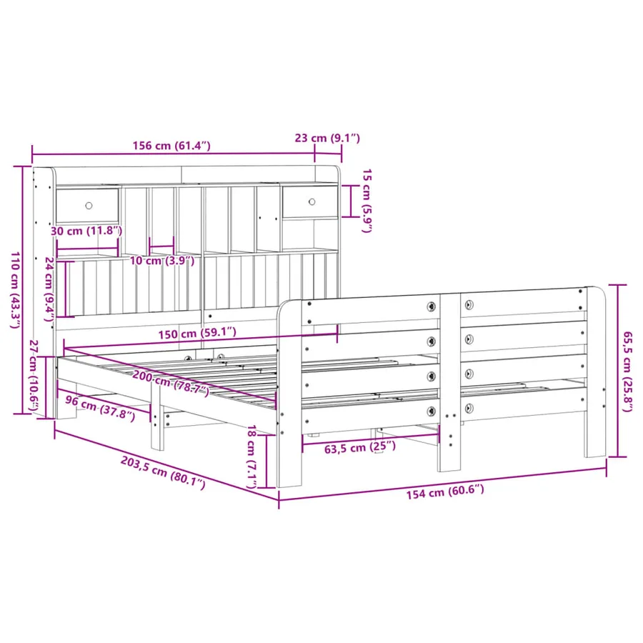Lit bibliothèque sans matelas blanc 150x200 cm bois pin massif - 11