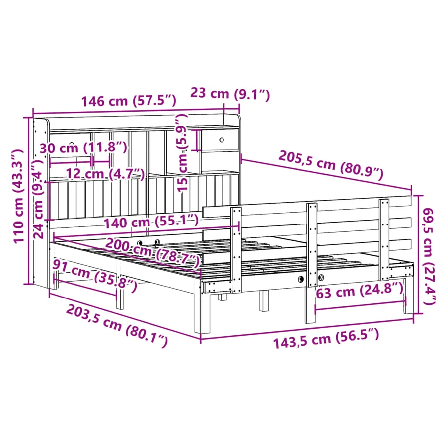 Lit bibliothèque sans matelas 140x200 cm bois massif de pin - 11
