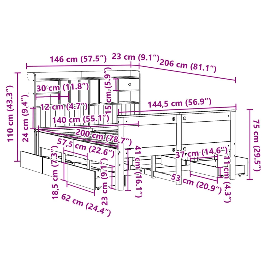 Lit bibliothèque sans matelas blanc 140x200 cm bois pin massif - 15