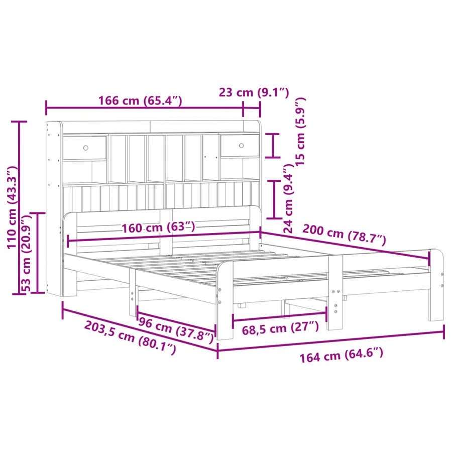 Lit bibliothèque sans matelas cire marron 160x200 cm pin massif - 11