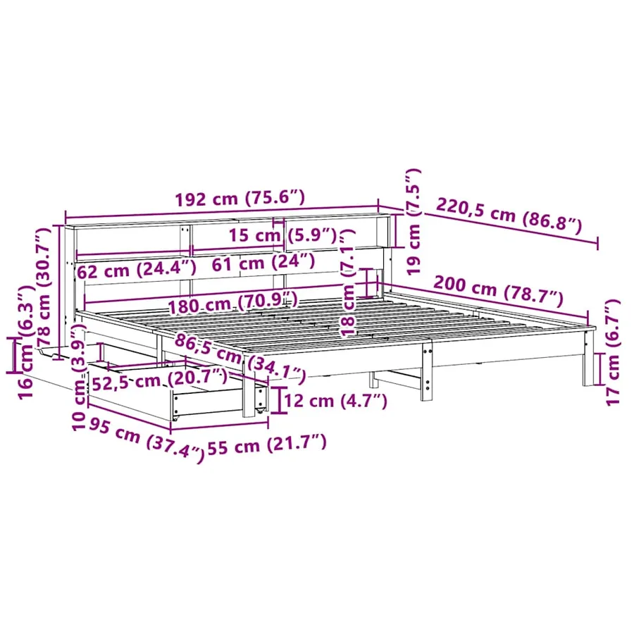 Lit bibliothèque sans matelas cire marron 180x200 cm pin massif - 12