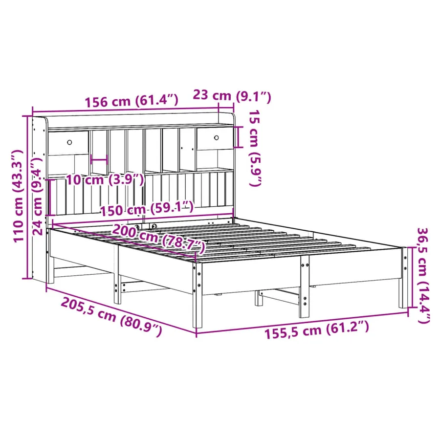 Lit bibliothèque sans matelas cire marron 150x200 cm pin massif - 11