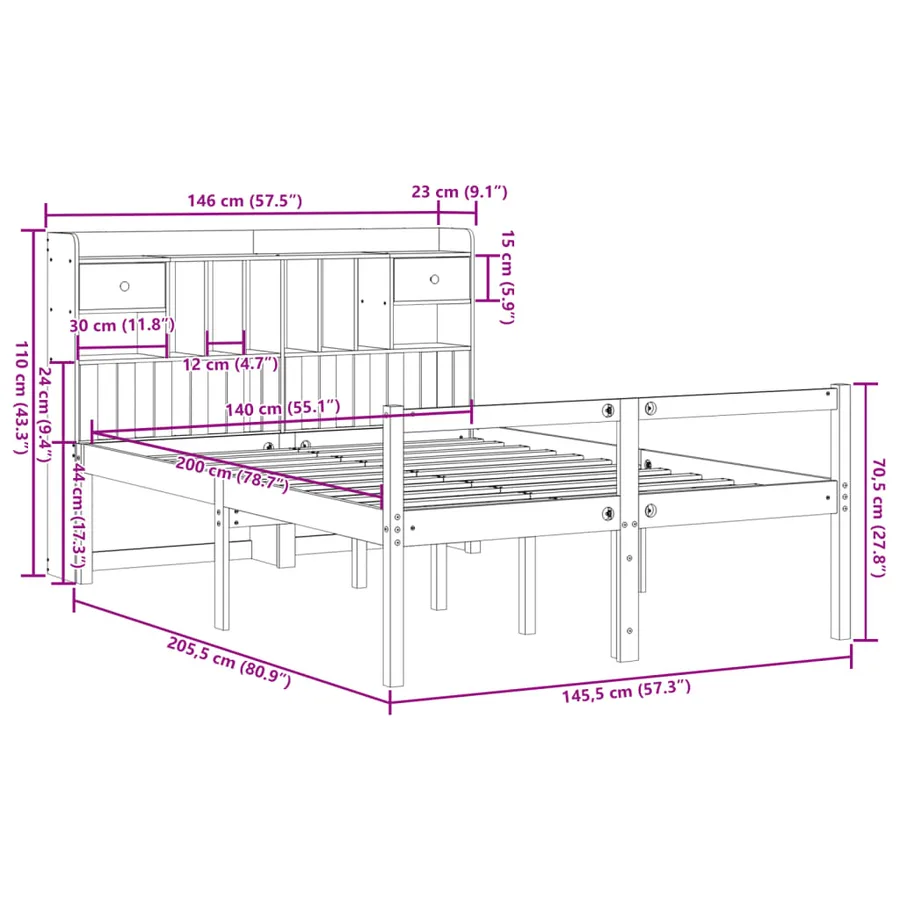 Lit bibliothèque sans matelas cire marron 140x200 cm pin massif - 11