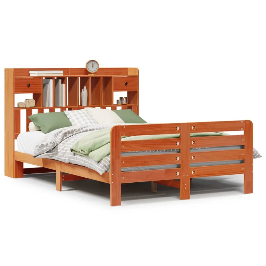 Lit bibliothèque sans matelas cire marron 140x200 cm pin massif - 2