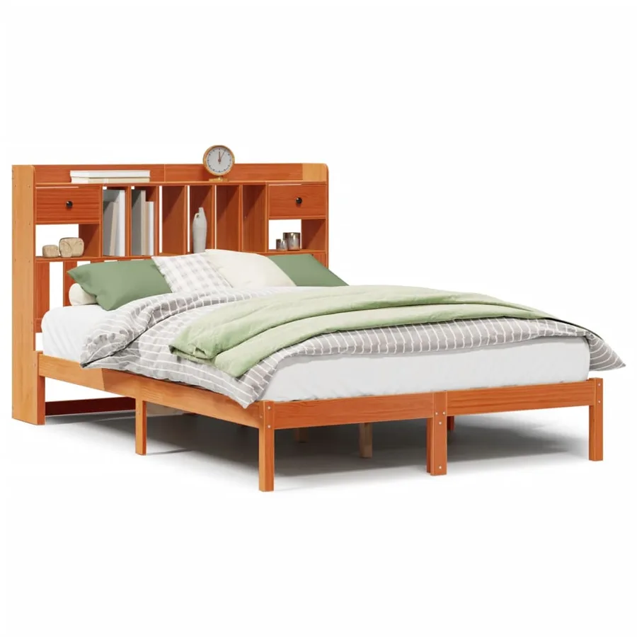 Lit bibliothèque sans matelas cire marron 140x200 cm pin massif - 2
