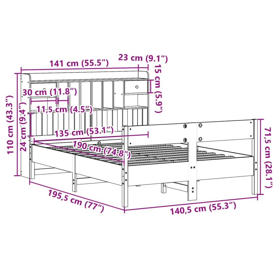 Lit bibliothèque sans matelas blanc 135x190 cm bois pin massif - 11
