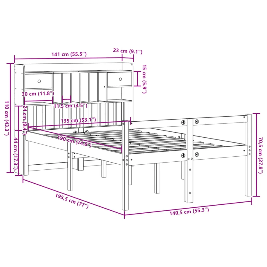 Lit bibliothèque sans matelas blanc 135x190 cm bois pin massif - 11
