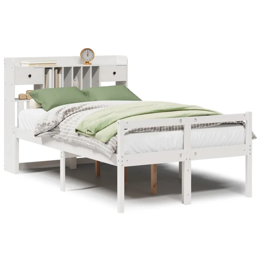 Lit bibliothèque sans matelas blanc 135x190 cm bois pin massif - 2