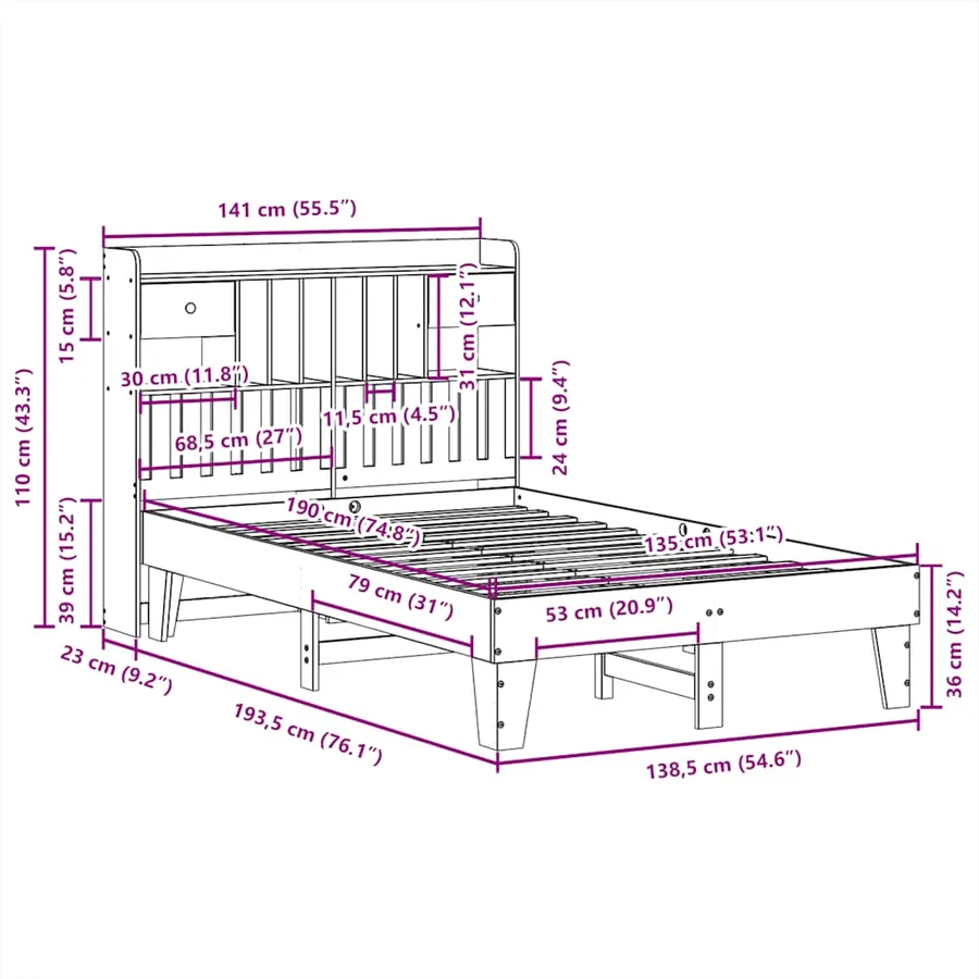Cadre de lit sans matelas blanc 135x190 cm bois de pin massif - 11