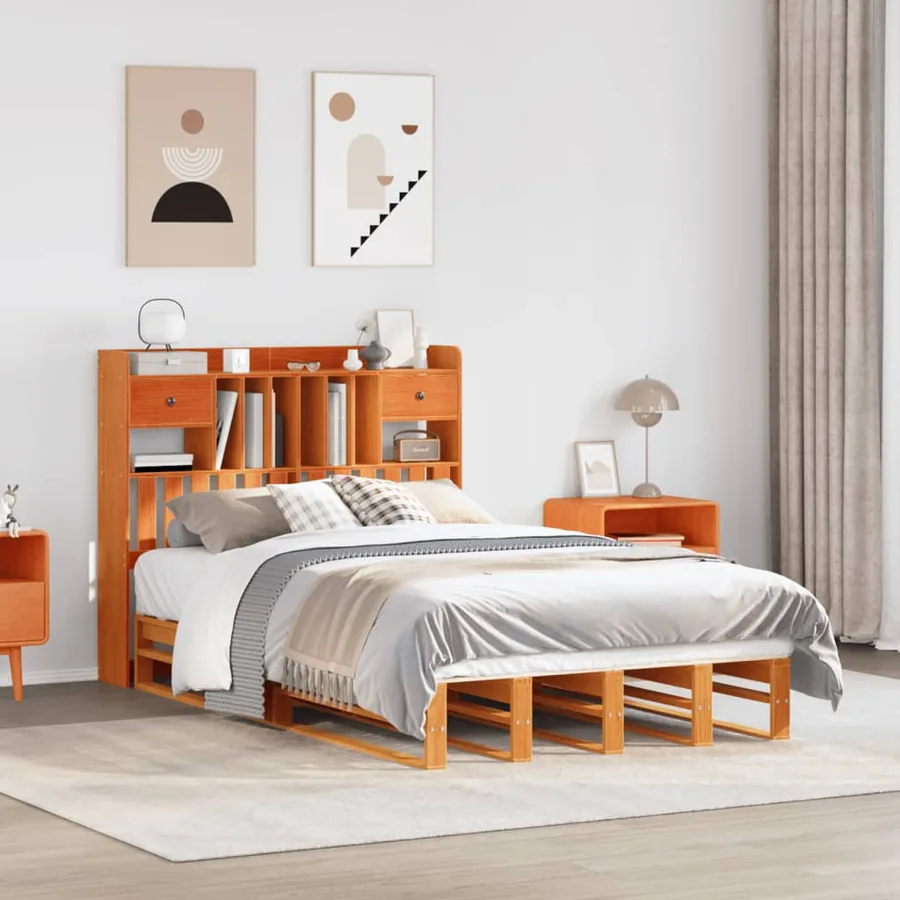 Lit bibliothèque sans matelas cire marron 135x190 cm pin massif