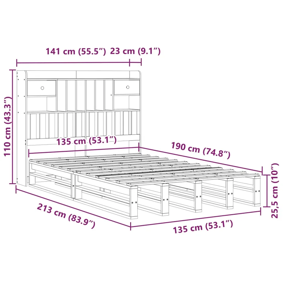 Lit bibliothèque sans matelas cire marron 135x190 cm pin massif - 12