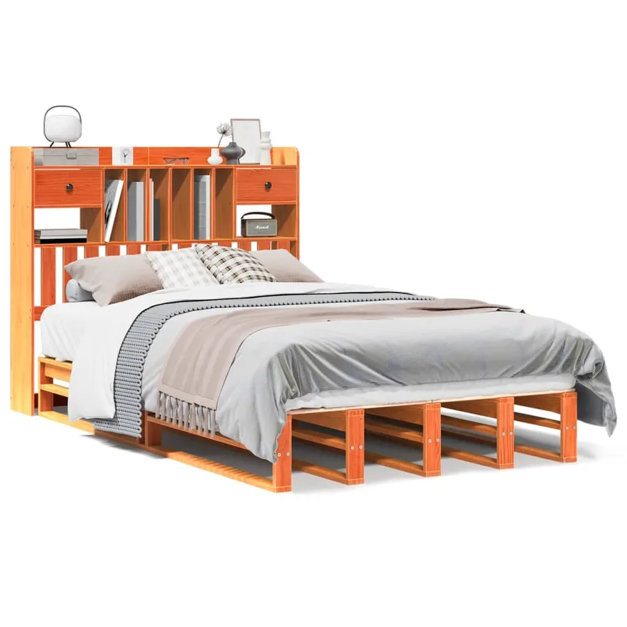 Lit bibliothèque sans matelas cire marron 135x190 cm pin massif - 2