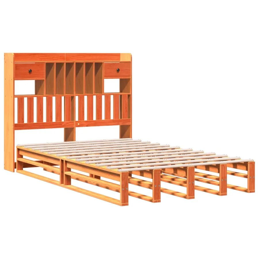 Lit bibliothèque sans matelas cire marron 135x190 cm pin massif - 3