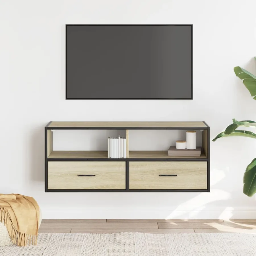Meuble TV chêne sonoma 100x31x39,5cm bois d'ingénierie et métal - 3