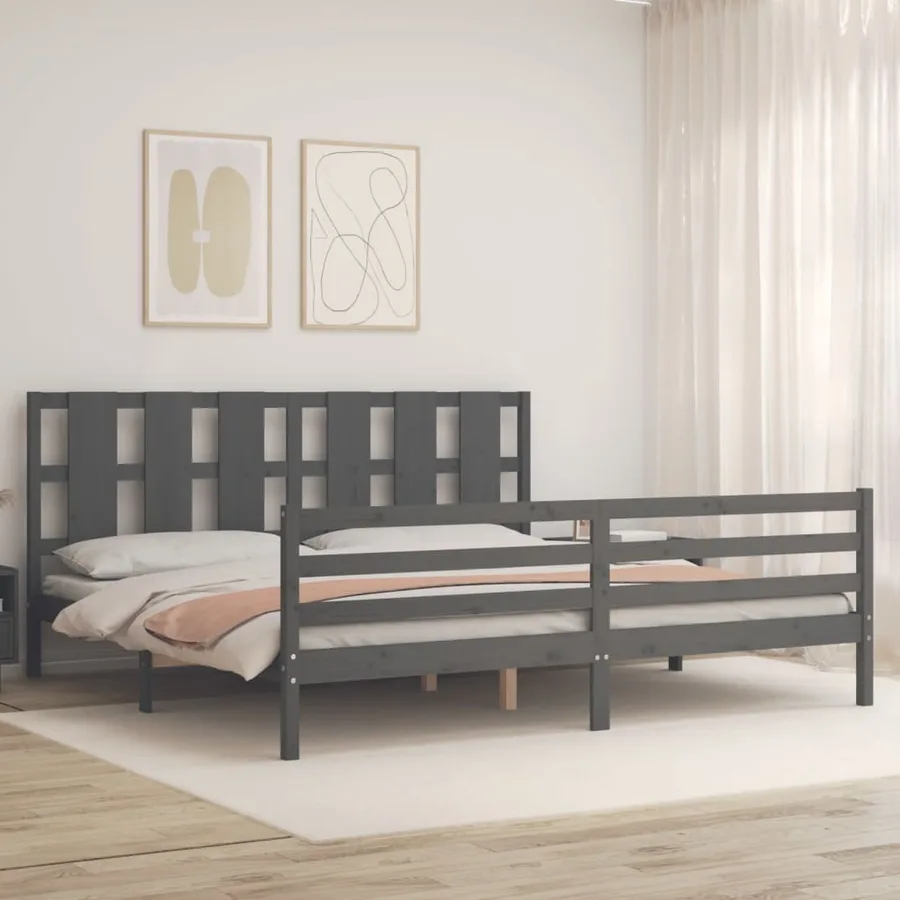 Cadre de lit sans matelas gris 200x200 cm bois massif - 3