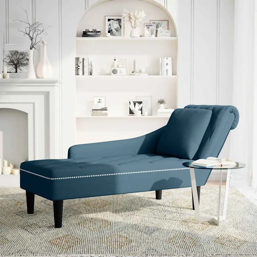 Fauteuil long avec coussin et accoudoir droit bleu velours - 2